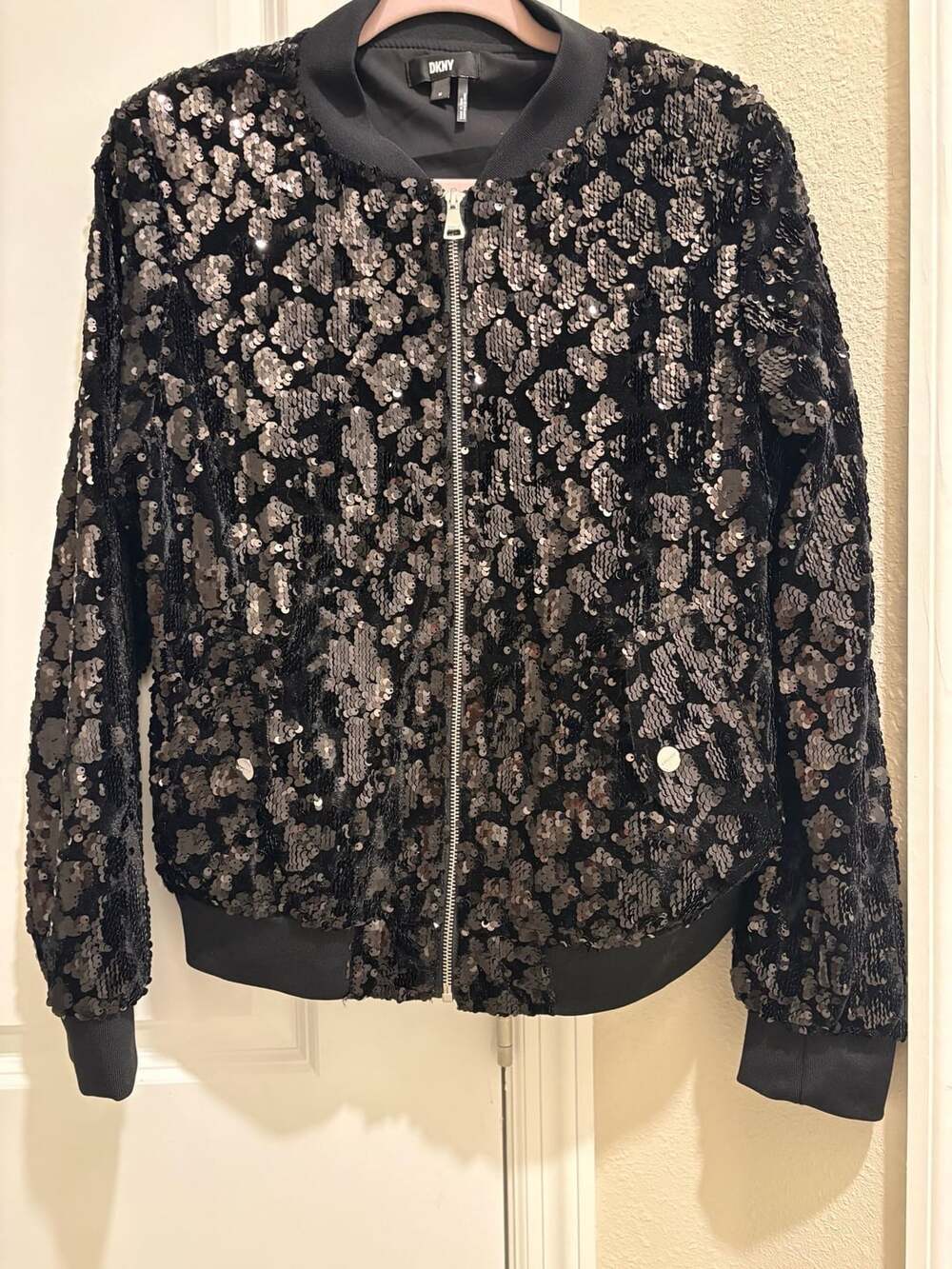 DKNY Sequin Bomber Jacket Size M Black Zip Up